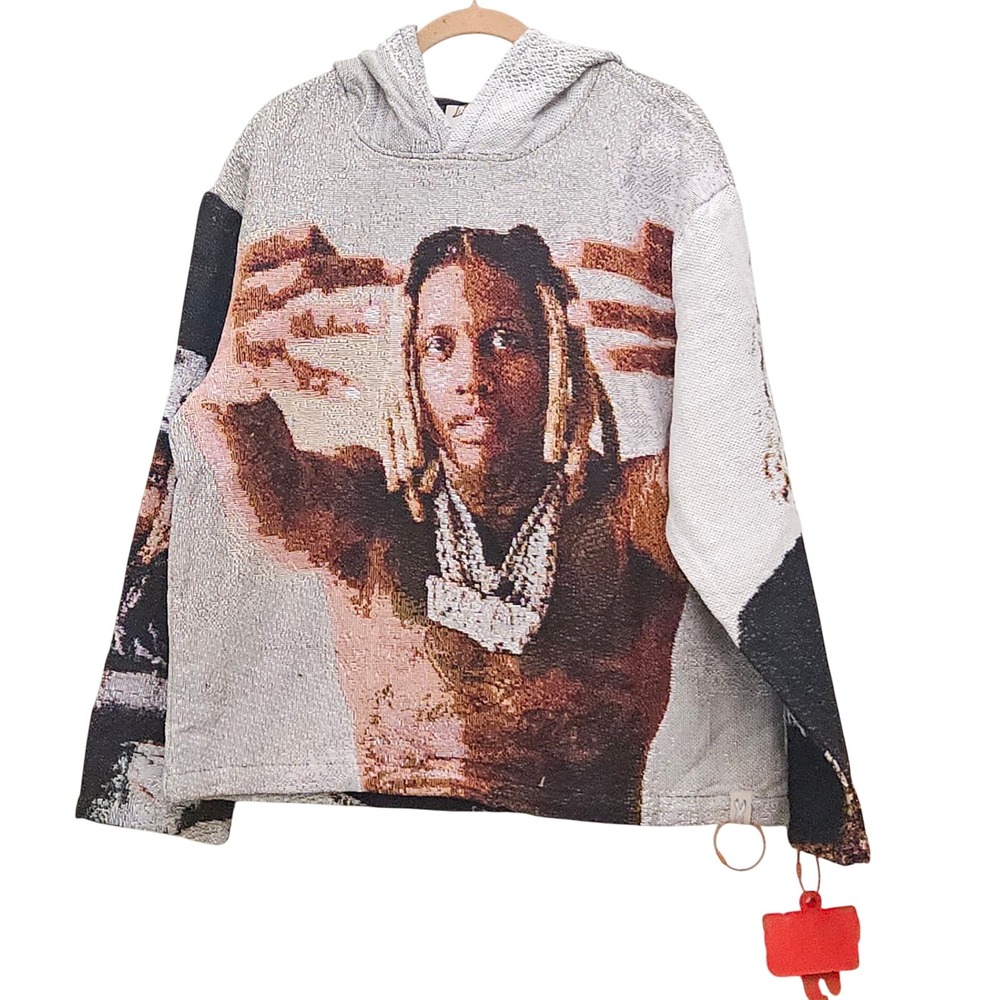 Brand X Studios Lil Durk Tapestry Hoodie Mens L Gray Woven Graphic Streetwear